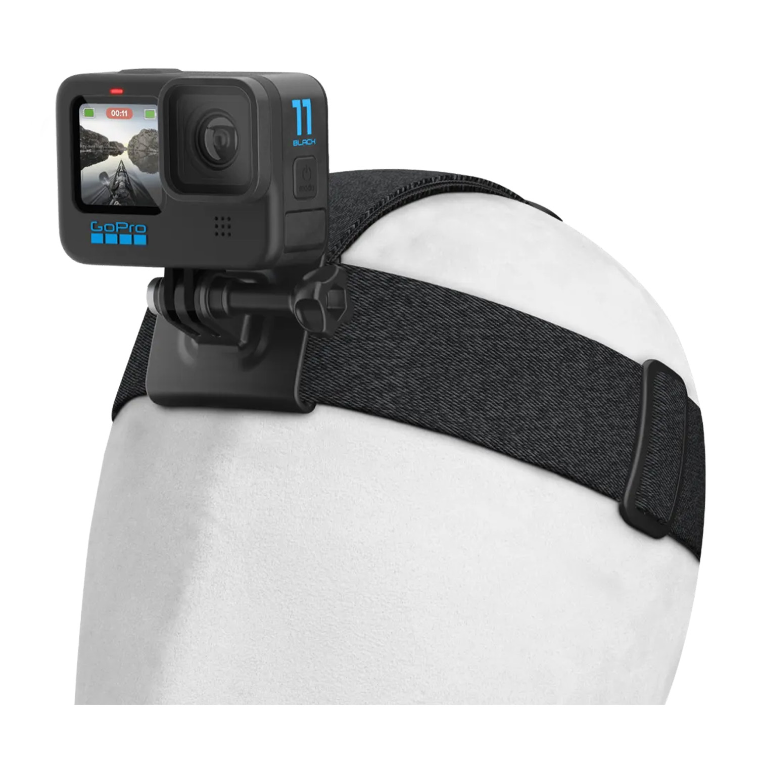 Telecamera GoPro montata su un cinturino per la testa, rivolta in avanti; sfondo bianco.