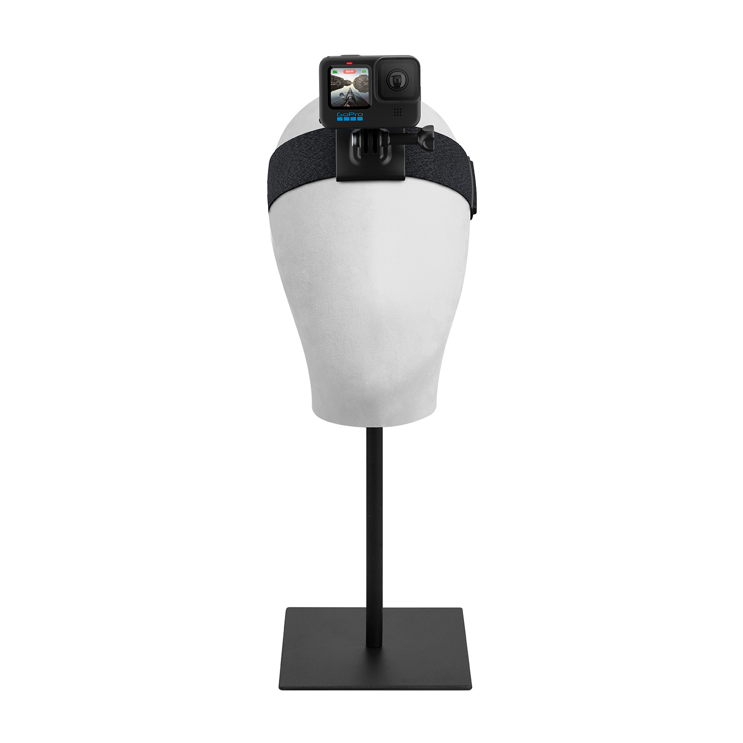Fotocamera GoPro montata su una fascia sulla testa di un manichino, su sfondo bianco.