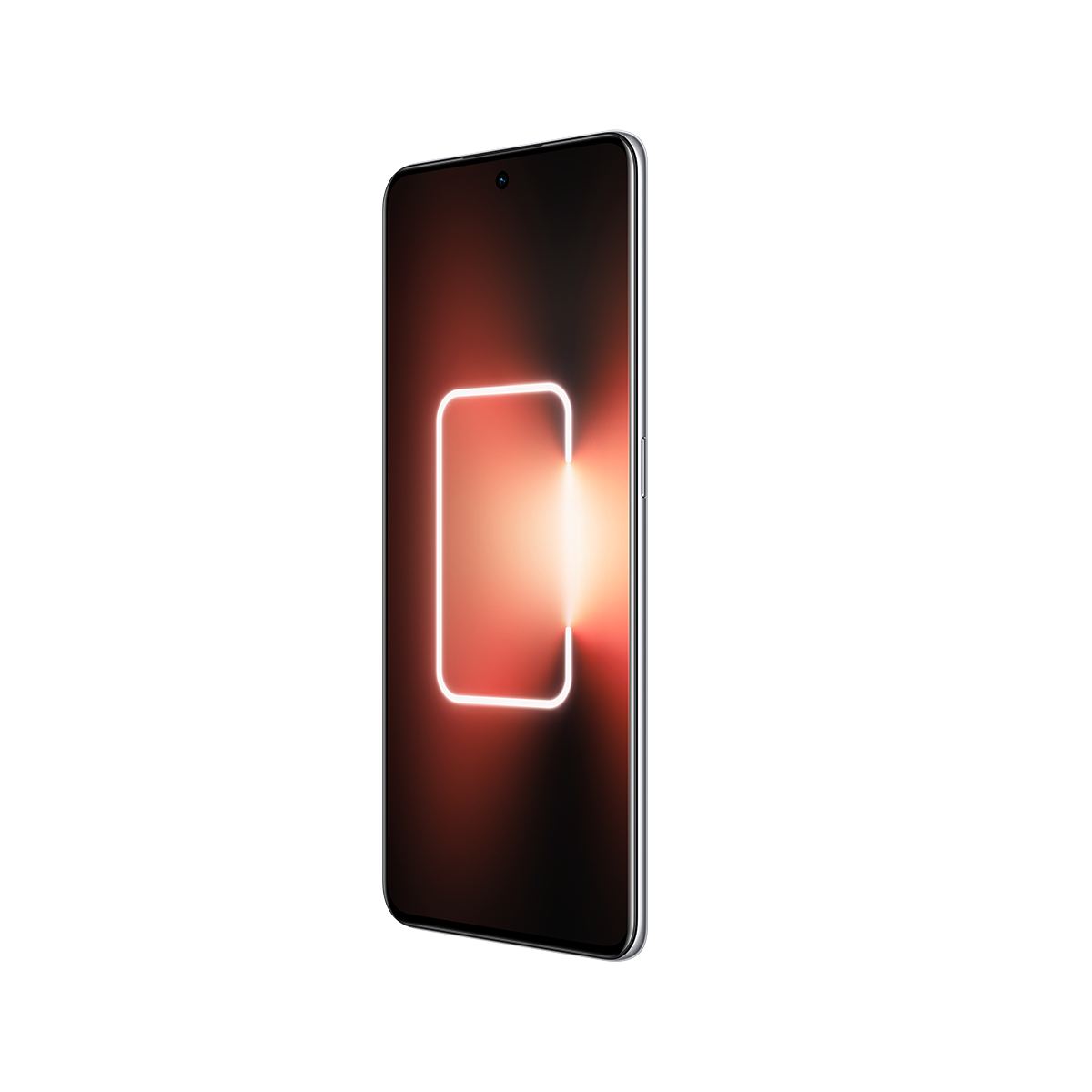 Bir akıllı telefon, yan görünüm, ekranda parlayan kırmızı neon bir dikdörtgen ve siyah bir arka plan ile.