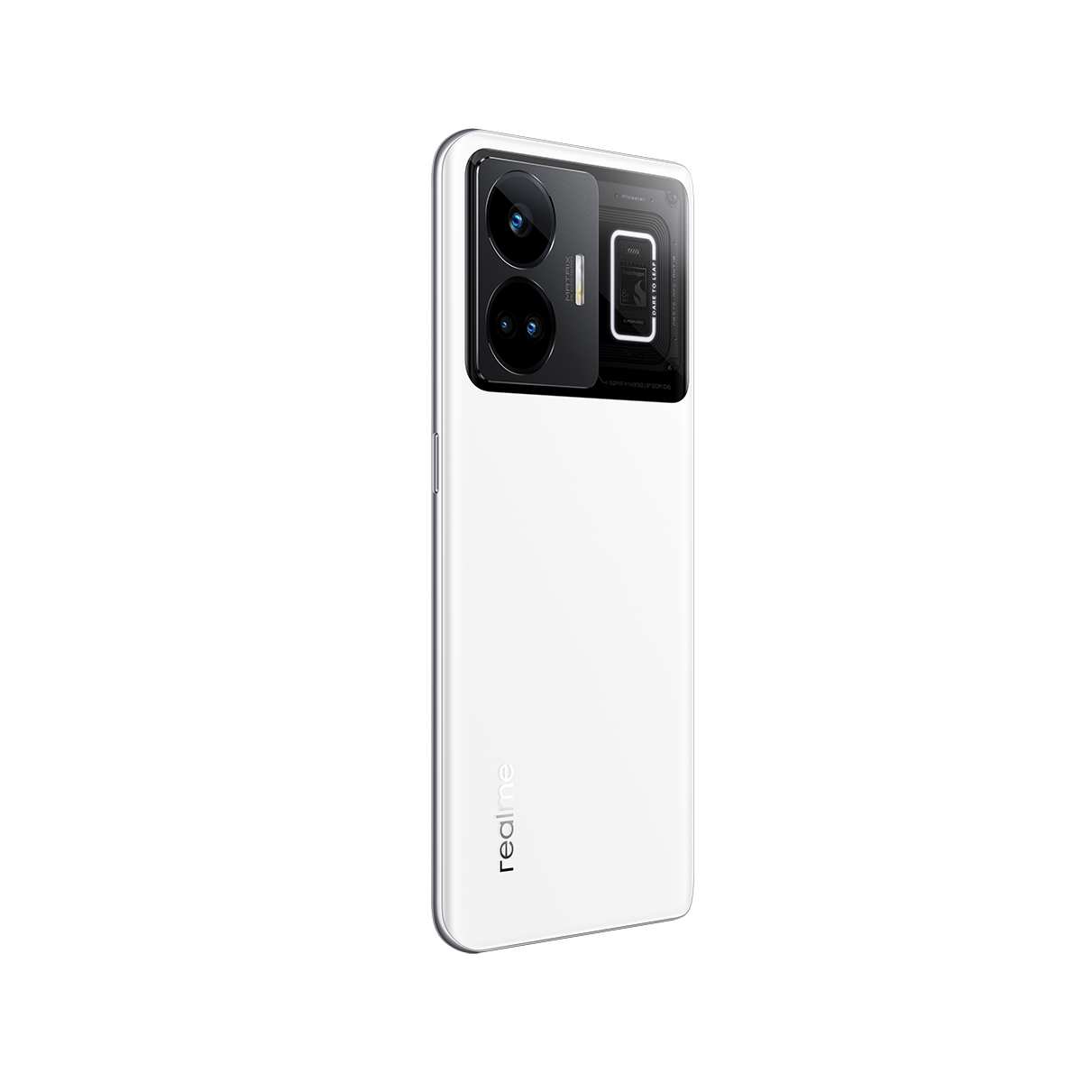 Siyah bir arka plan üzerinde siyah kamera modülüne sahip beyaz bir akıllı telefon.