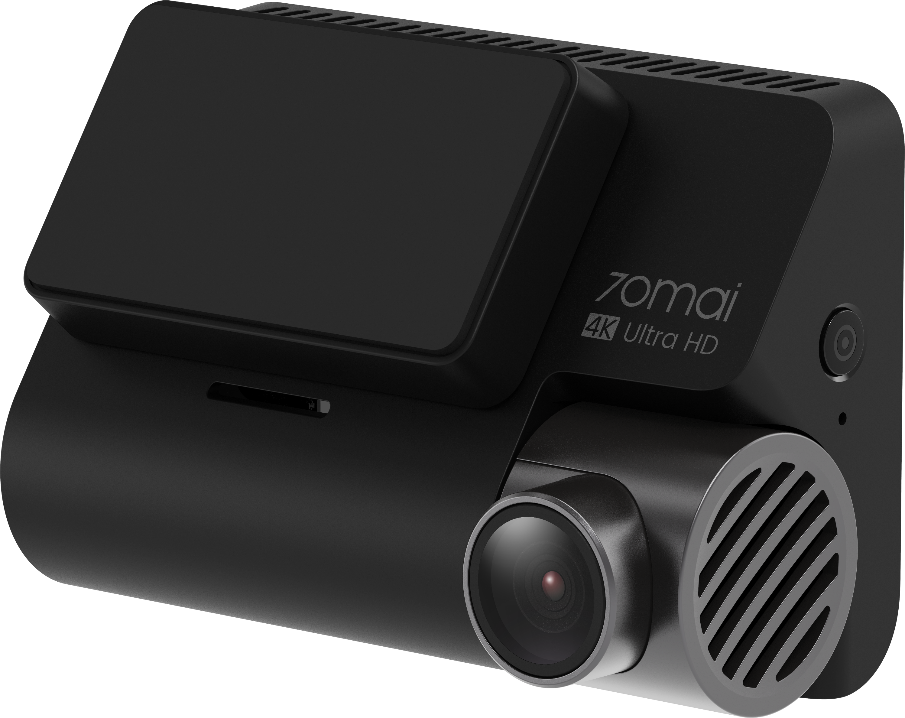 Fekete menetrögzítő kamera képernyővel és lencsével. A márkanév Zomai, Ultra HD 4K.