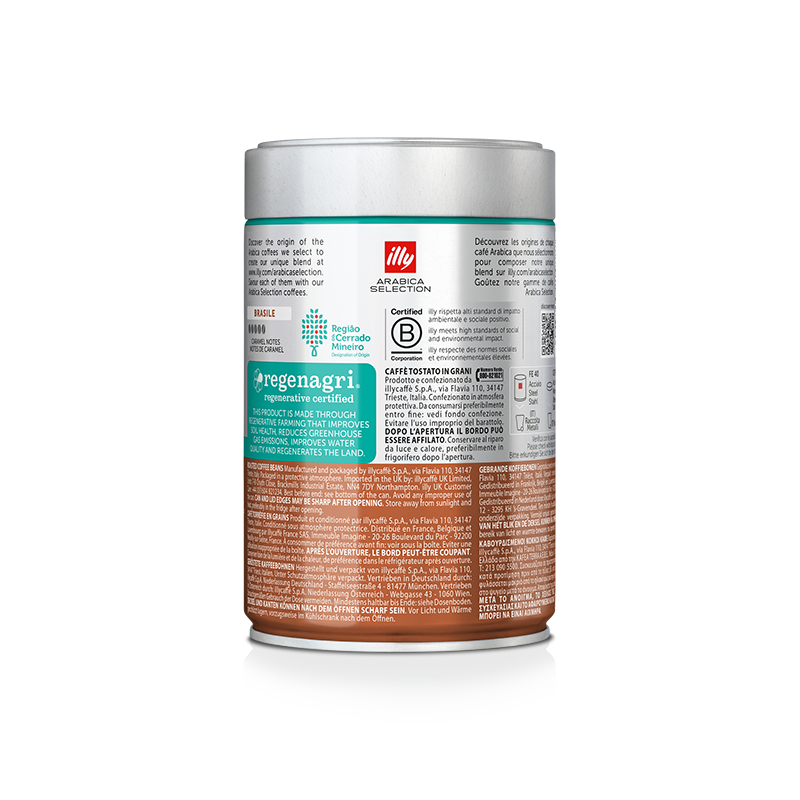 Kaffeepackung mit Produktdetails. Enthält ein 'Illy'-Logo und Informationen über die Mischung und Herkunft.