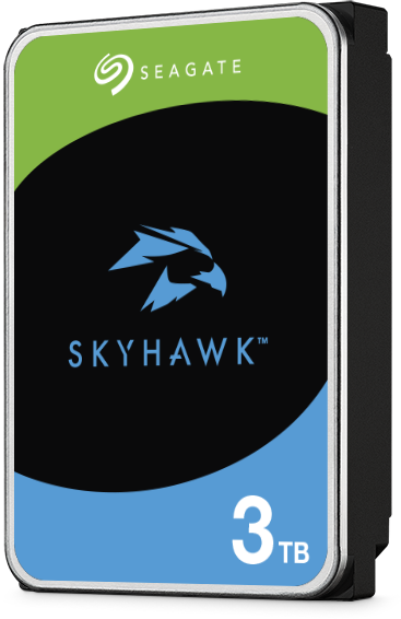 Eine Seagate Skyhawk 3TB Festplatte mit blauem und grünem Design.