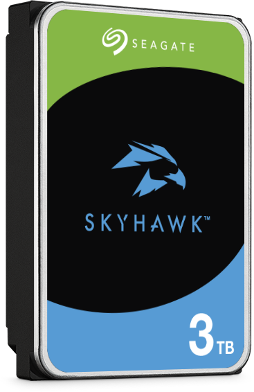 Seagate Skyhawk 3TB-Festplatte mit grünem und blauem Etikett.