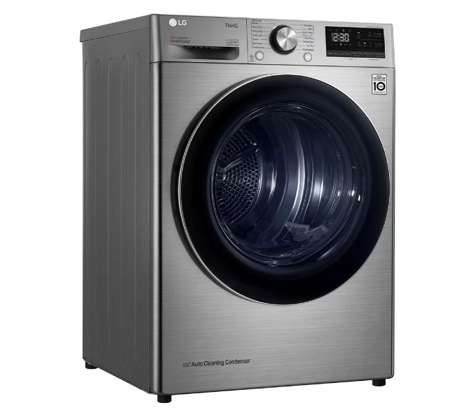 Dijital ekranlı ve siyah kapılı gümüş LG çamaşır makinesi.