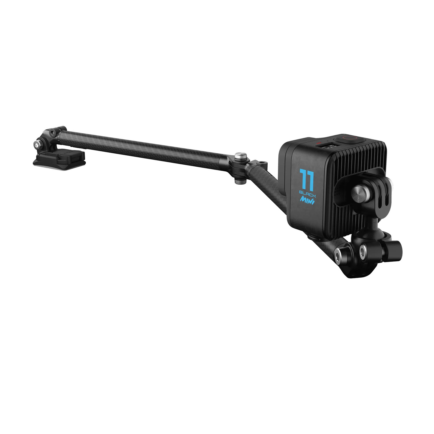 Fotocamera GoPro nera su un braccio, dettagli neri e blu, sfondo bianco.