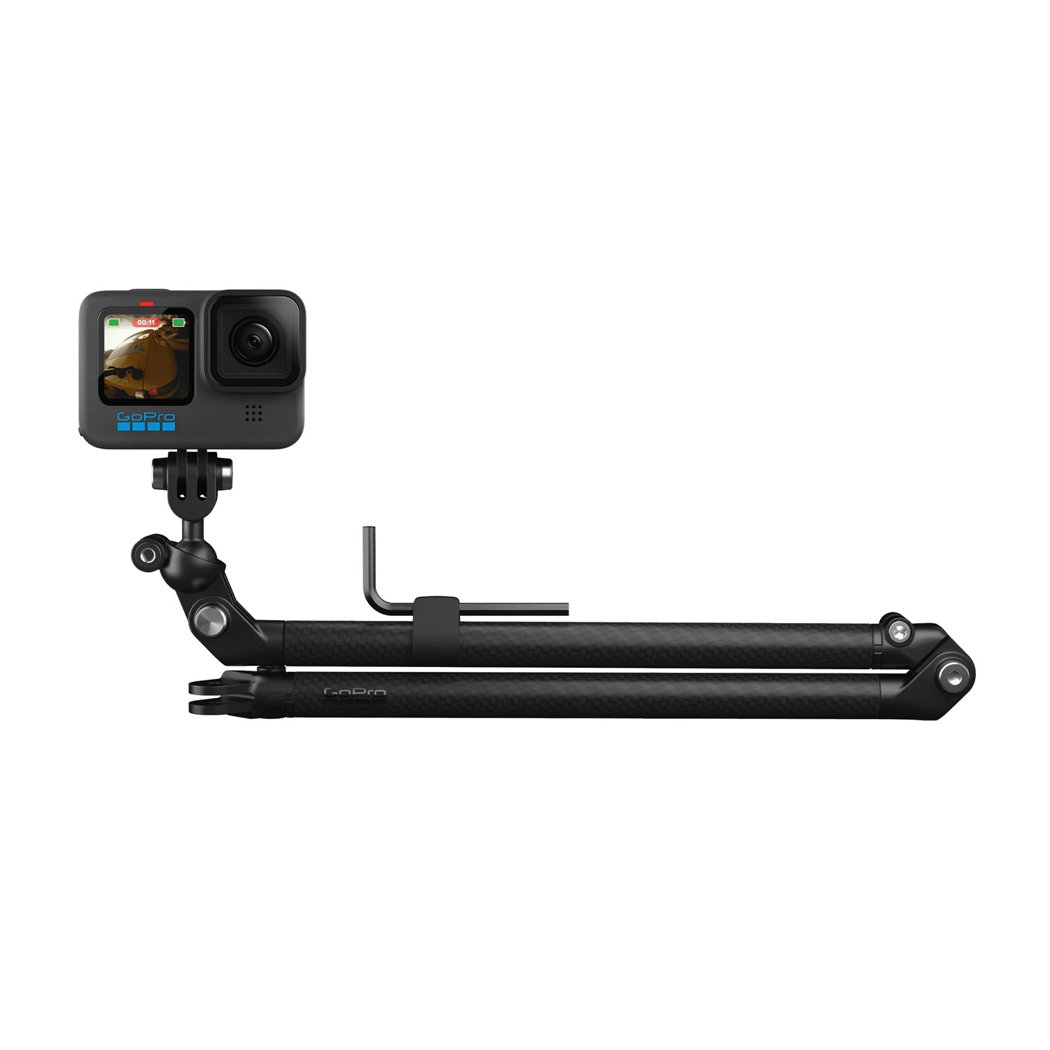 Fotocamera GoPro montata su un braccio di stabilizzazione nero.