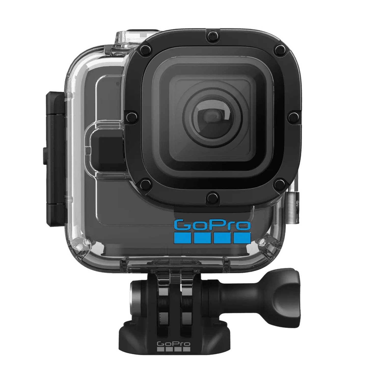 Fotocamera GoPro in un alloggiamento impermeabile, con il logo GoPro in blu.