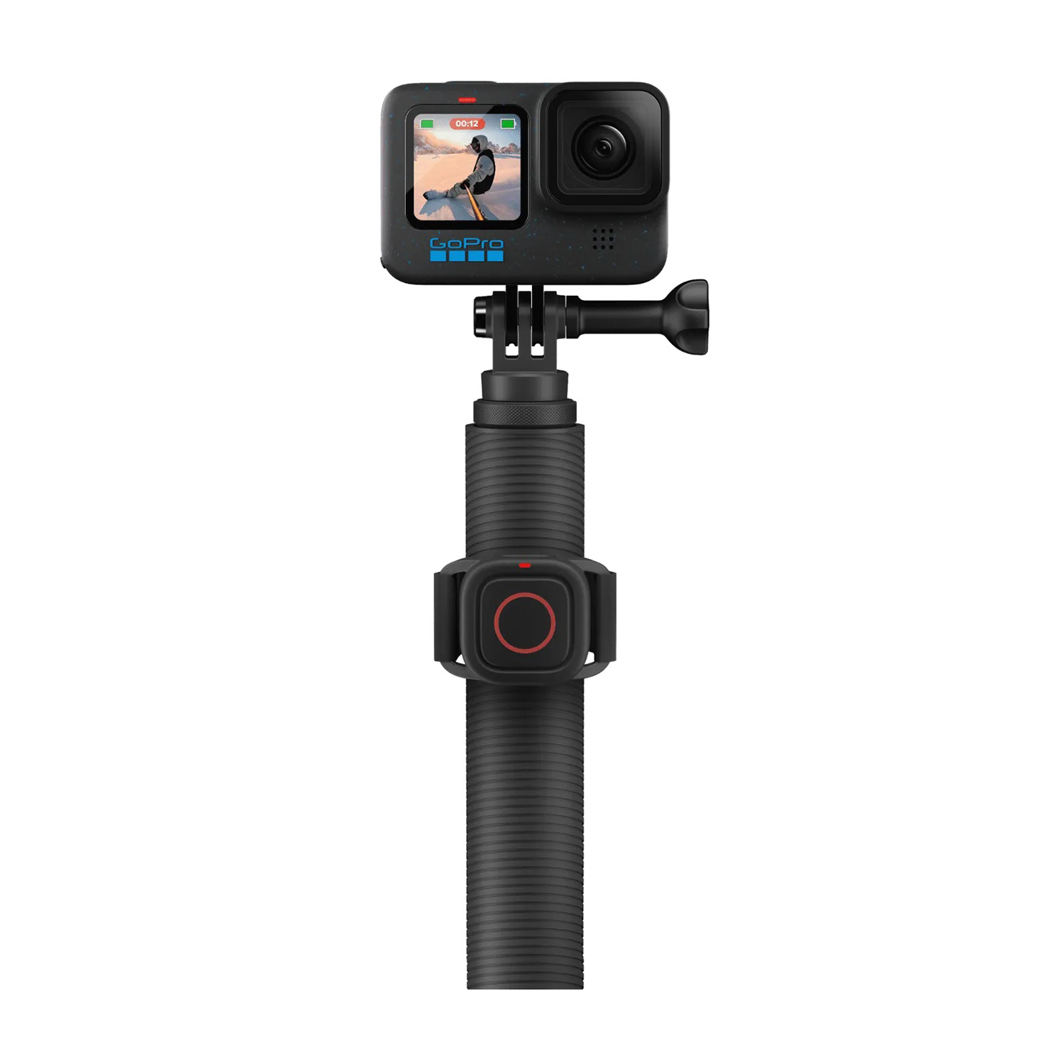 Una fotocamera GoPro montata su un'impugnatura nera e scanalata con un telecomando.