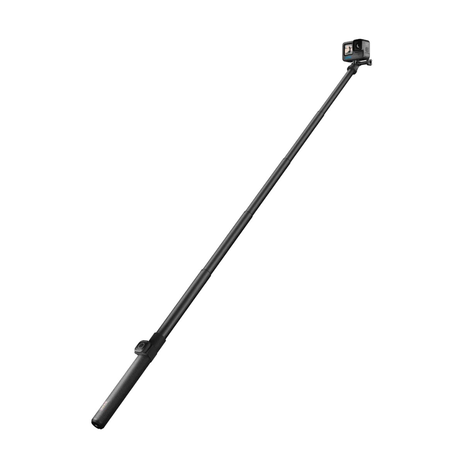 Un bastone per selfie nero con una fotocamera montata, su sfondo bianco.