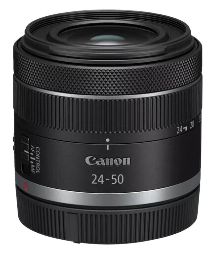 Czarny obiektyw z etykietą Canon, na białym tle.