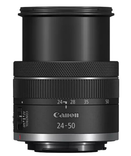 Czarny obiektyw Canon z ogniskowymi 24-50mm, pierścieniami sterowania i marką Canon.