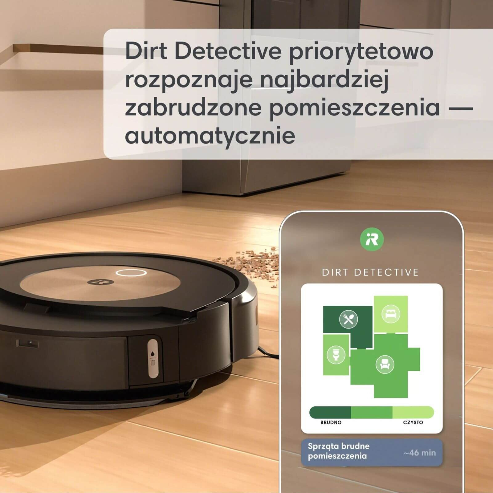 Robot sprzątający czyszczący podłogę, z wyświetlaczem pokazującym mapę pokoju.