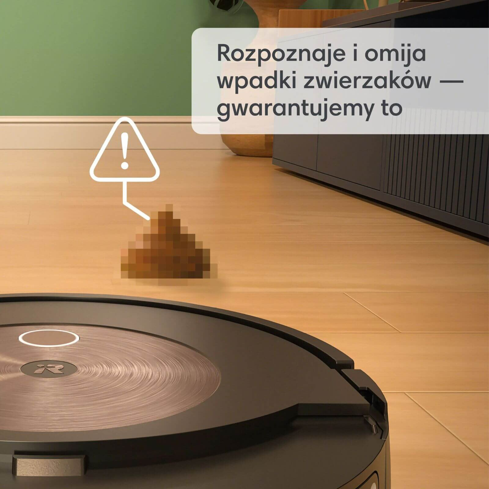 Odkurzacz robot z znakiem ostrzegawczym nad pikselowanym kupą psiego kału.