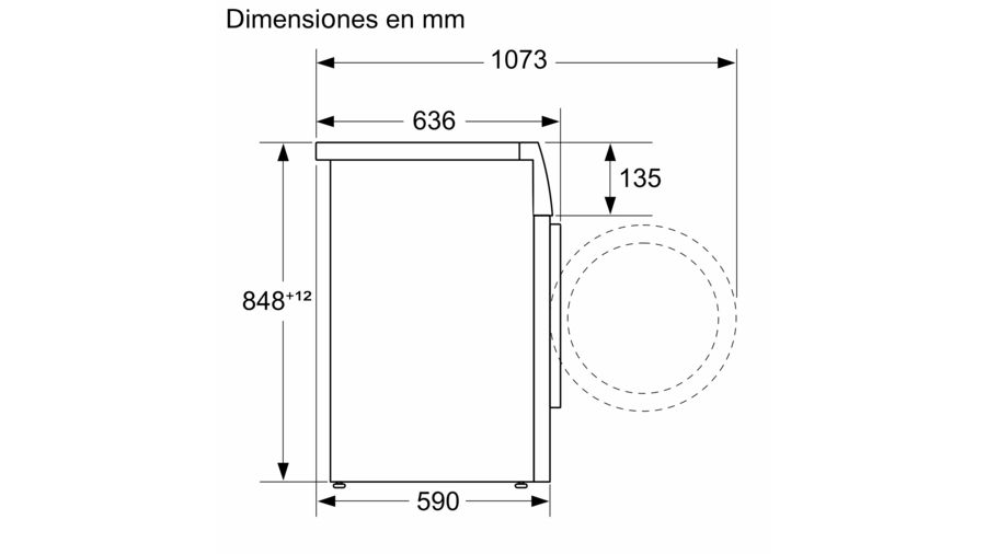 Vista lateral de una lavadora con dimensiones en mm. Fondo blanco.