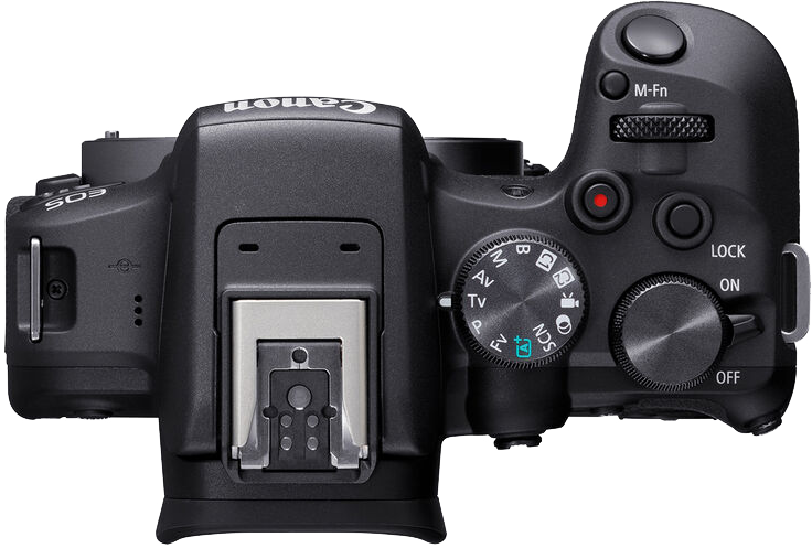 Felülnézet egy fekete Canon EOS kameráról, különböző vezérlőtárcsákkal és gombokkal.