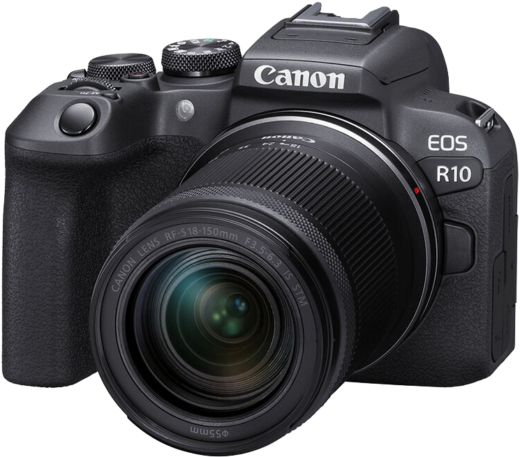 Fekete Canon EOS R10 kamera objektívvel, fehér háttér előtt. Közelkép.