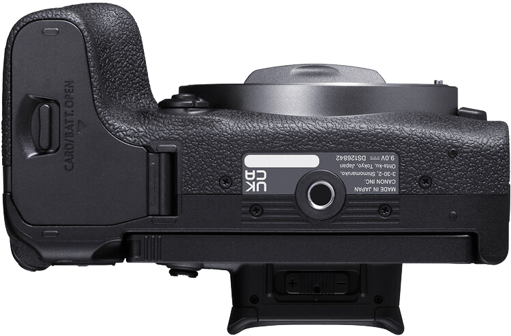Canon kamera felülről. Gombokat, kártyanyílást és portokat mutat. Fekete ház.