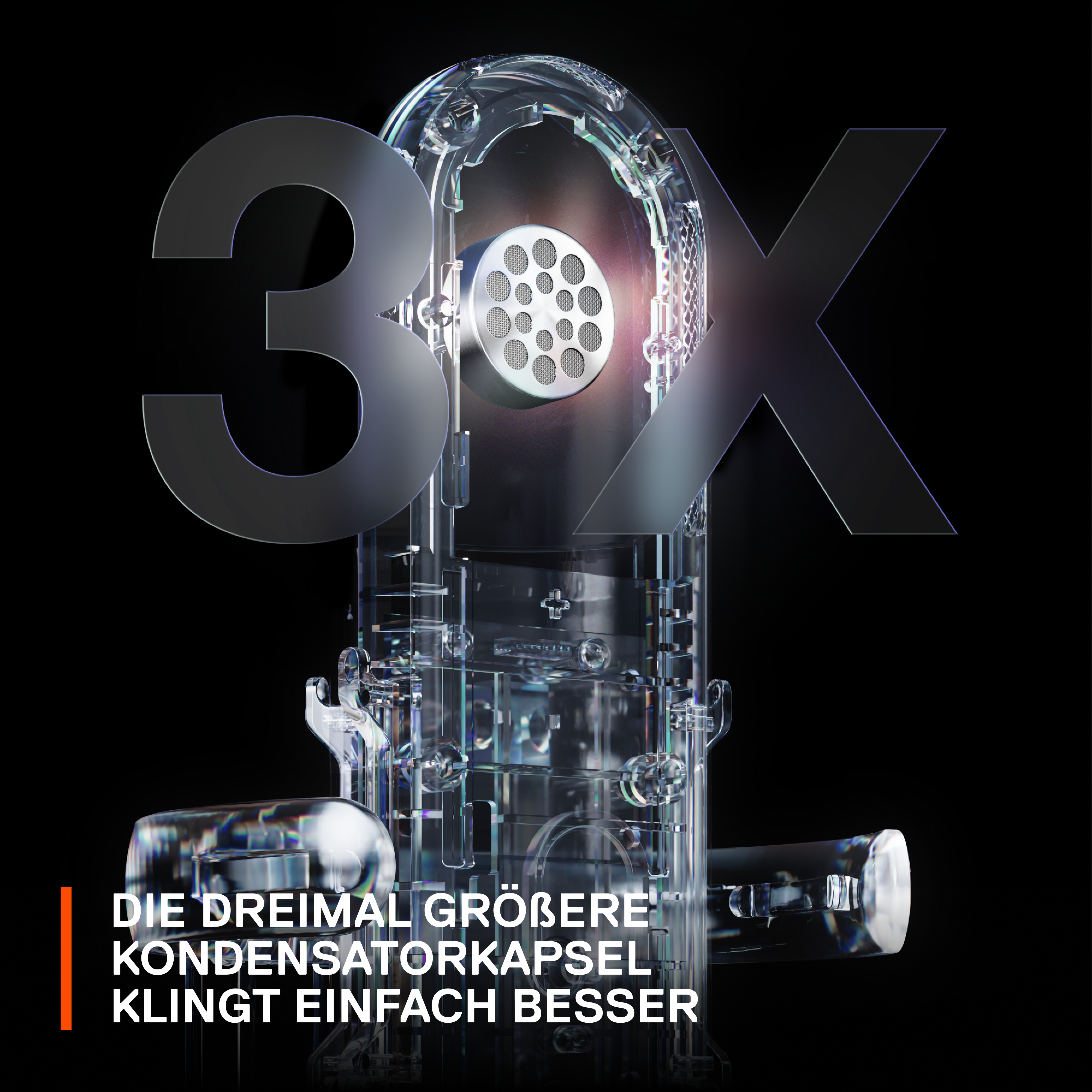 Klares Kunststoffobjekt mit Text und der Zahl 3X. Es sieht aus wie ein Maschinenteil.