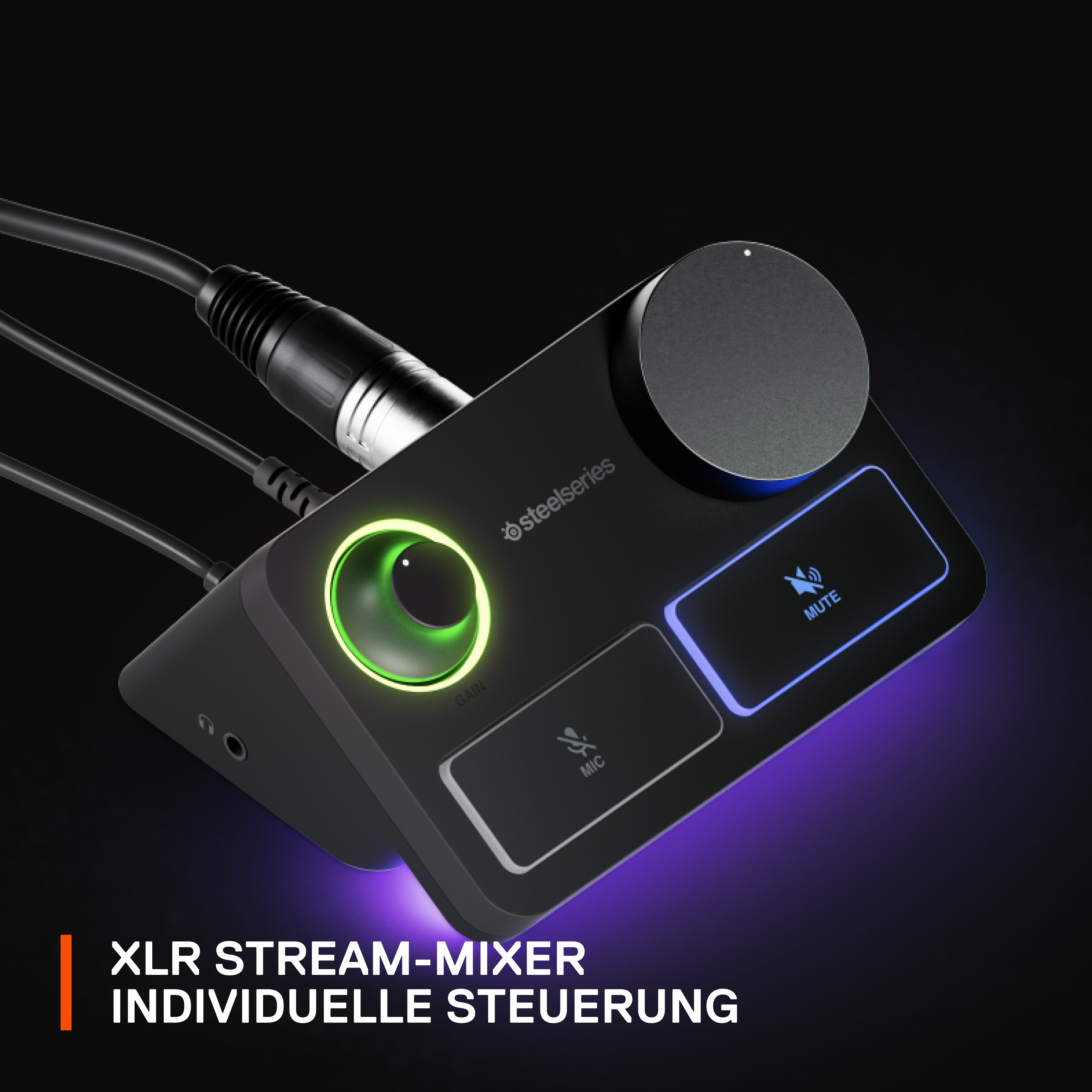 Ein SteelSeries XLR Stream-Mixer mit Gain-Knopf und Mute-Taste.