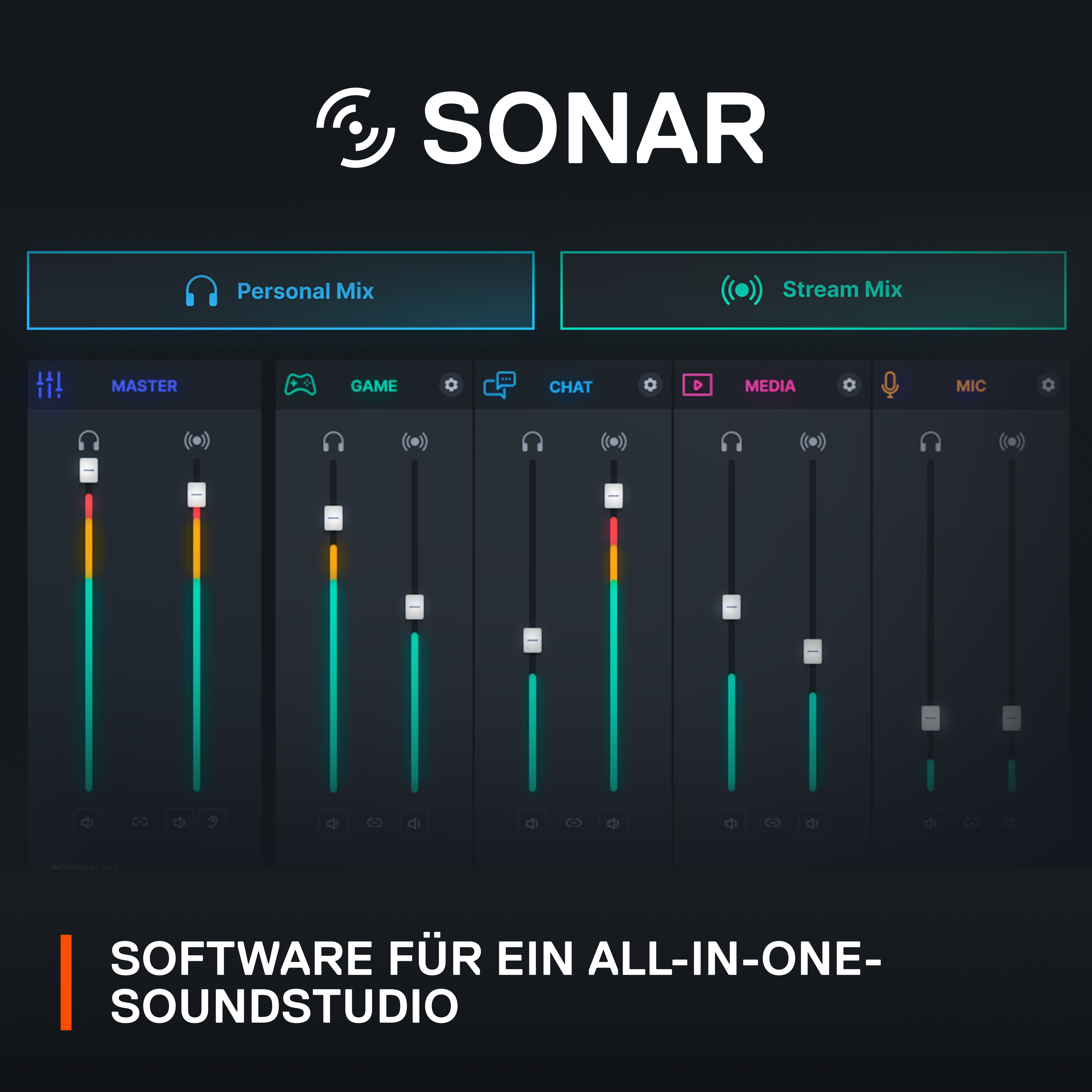 Software-Oberfläche mit Soundmischpult und Einstellungen, weißes SONAR-Logo oben.