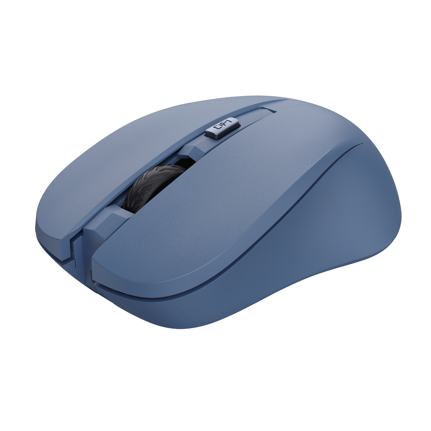 Blauwe draadloze computermuis, met een scrollwiel en DPI-knop bovenop.