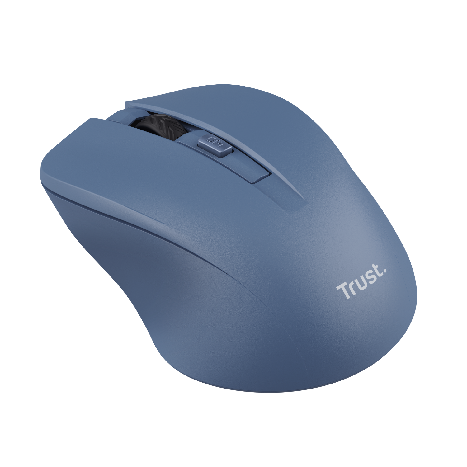 Een blauwe computermuis met twee knoppen en een scrollwiel, van Trust.