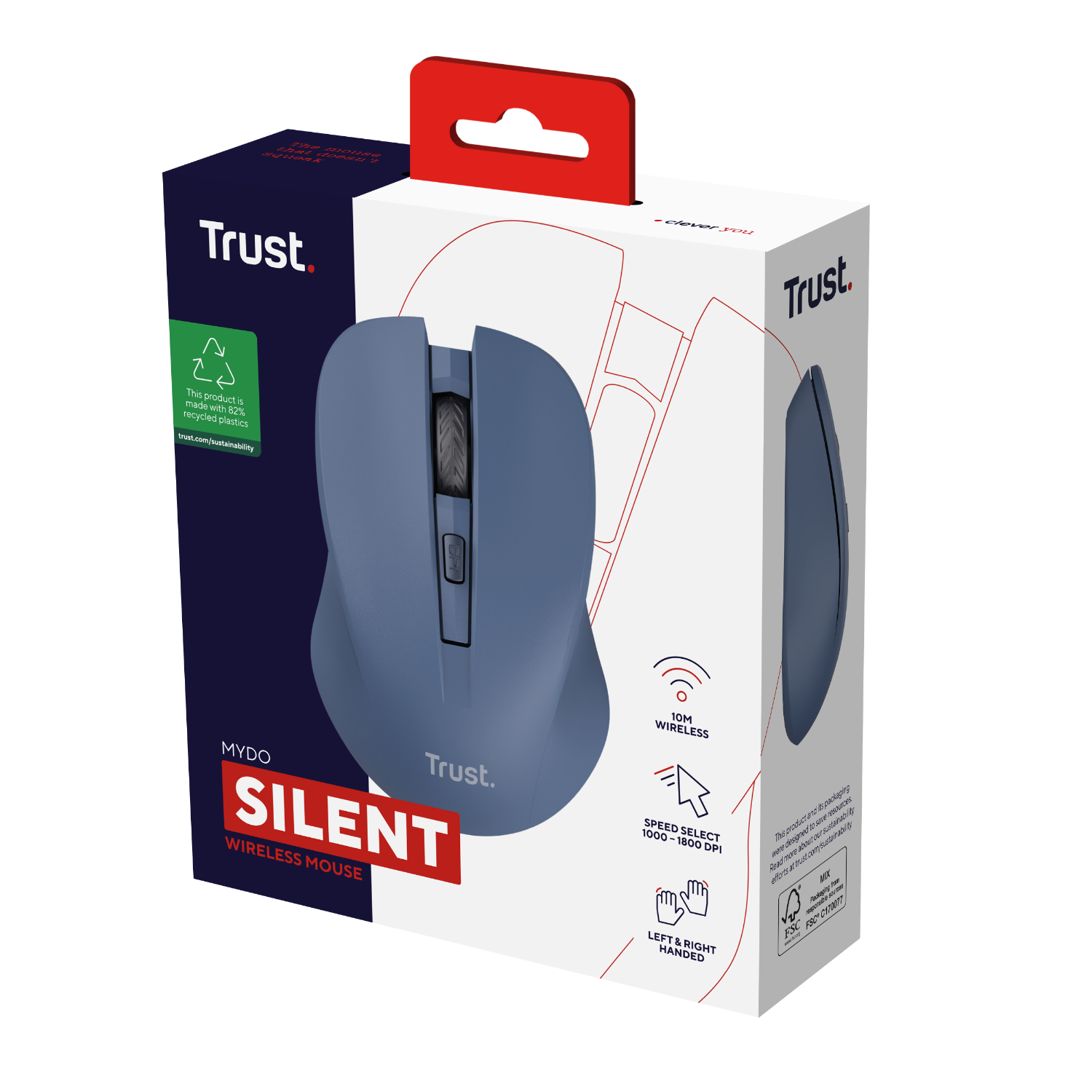 Blauwe draadloze muis in een doos. Tekst op de doos: 'MYDO SILENT WIRELESS MOUSE'.