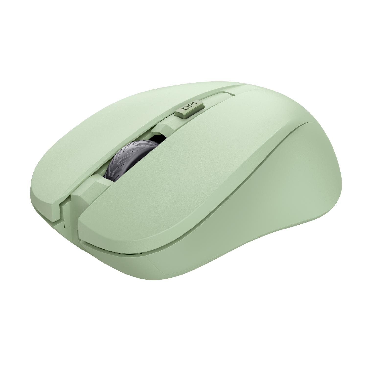 Green wireless mouse with a scroll wheel and DPI button.