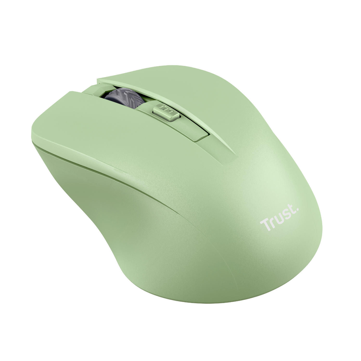 A green computer mouse. It has a scroll wheel and two buttons. The brand Trust is visible.