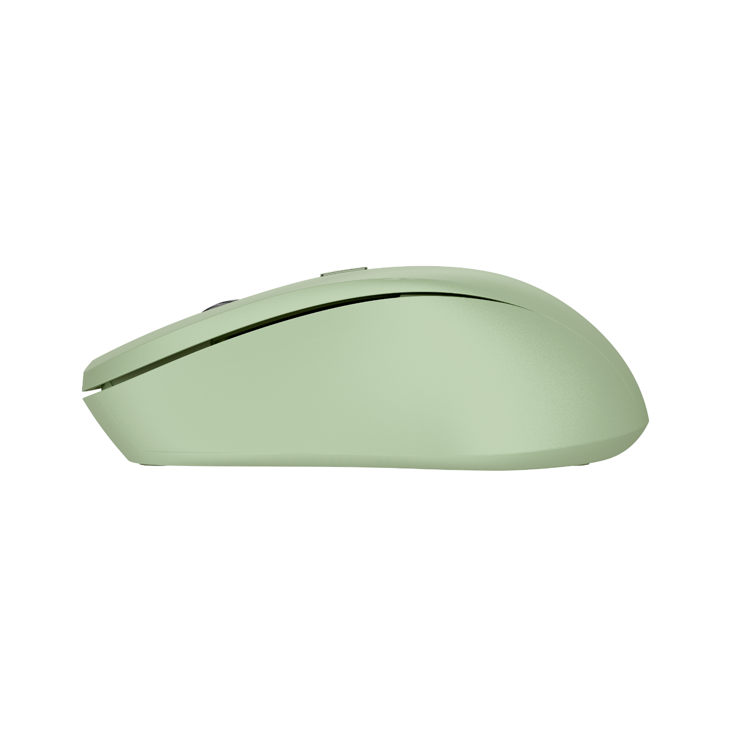 A light green wireless computer mouse. It has a smooth shape and a top button.