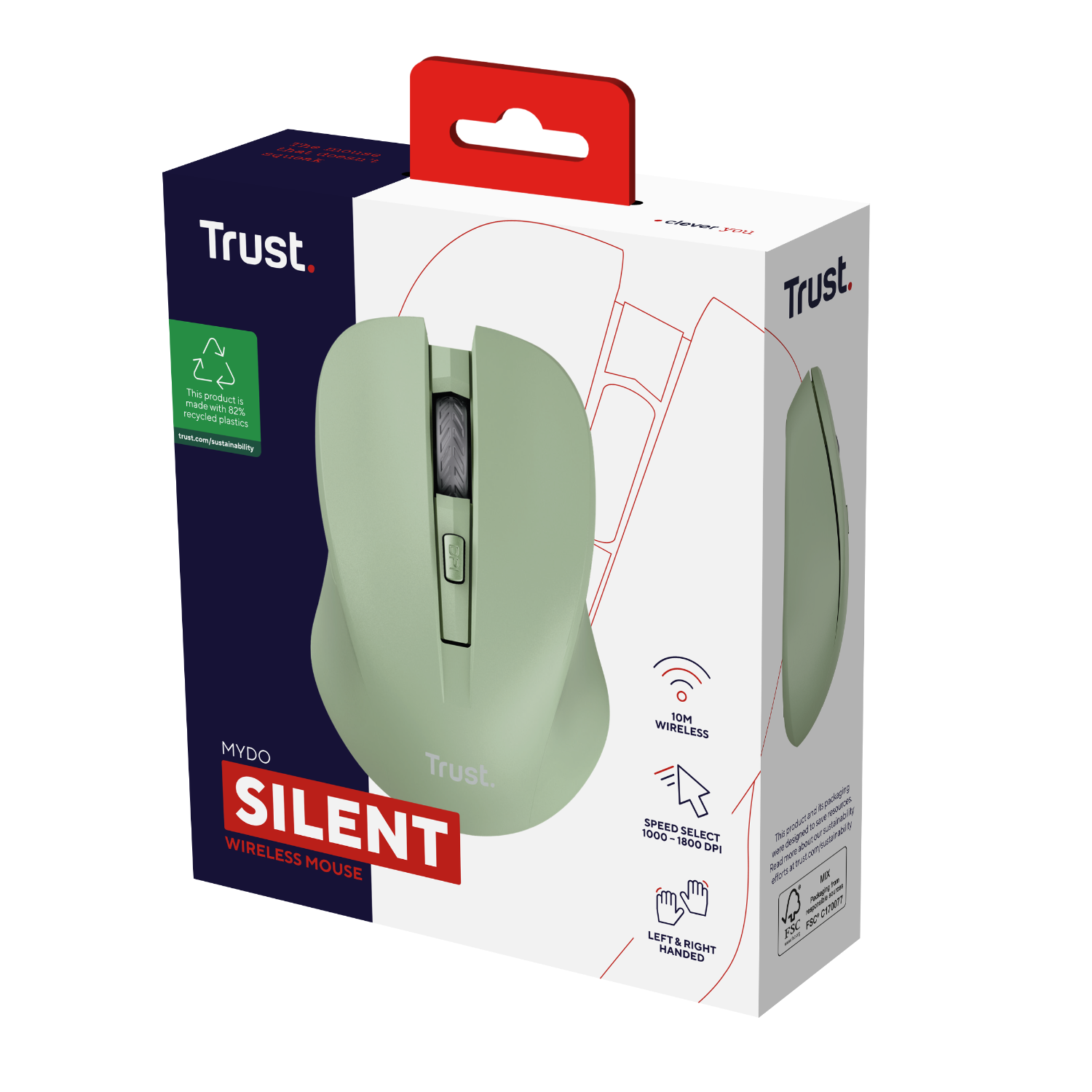Green wireless mouse in a box. The box has a red handle and white background.