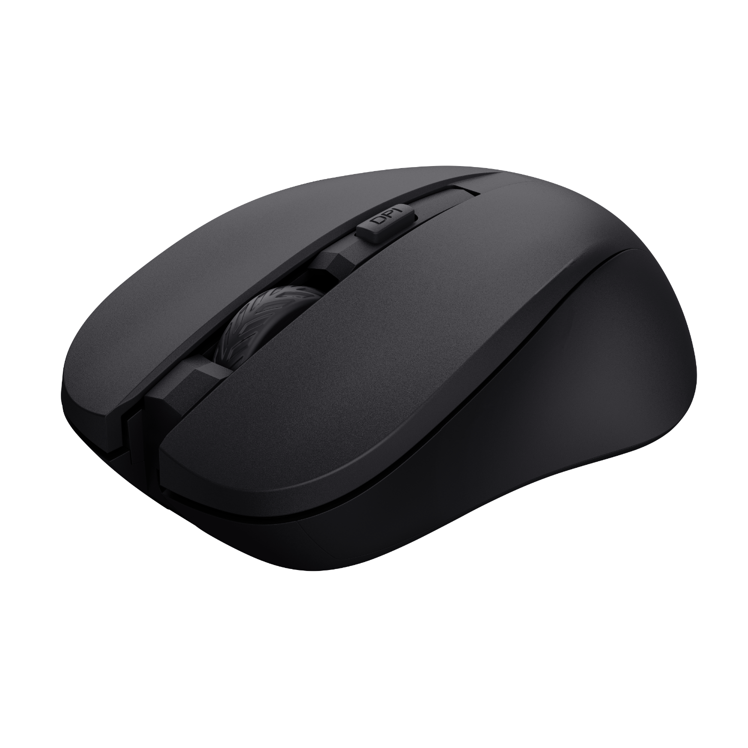 Black wireless mouse with a scroll wheel and DPI button, isolated on white.