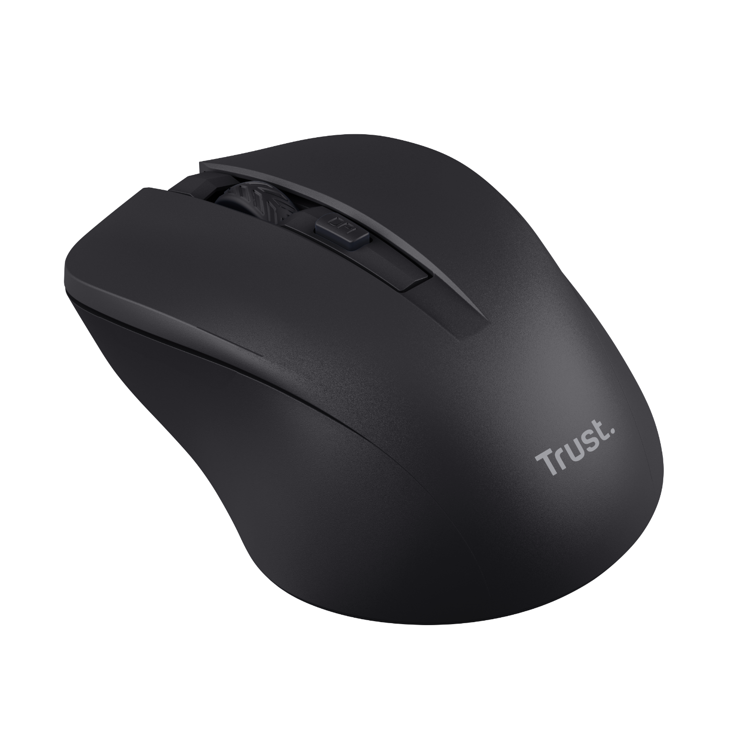 Black wireless mouse with a scroll wheel and two buttons. Trust logo is visible.