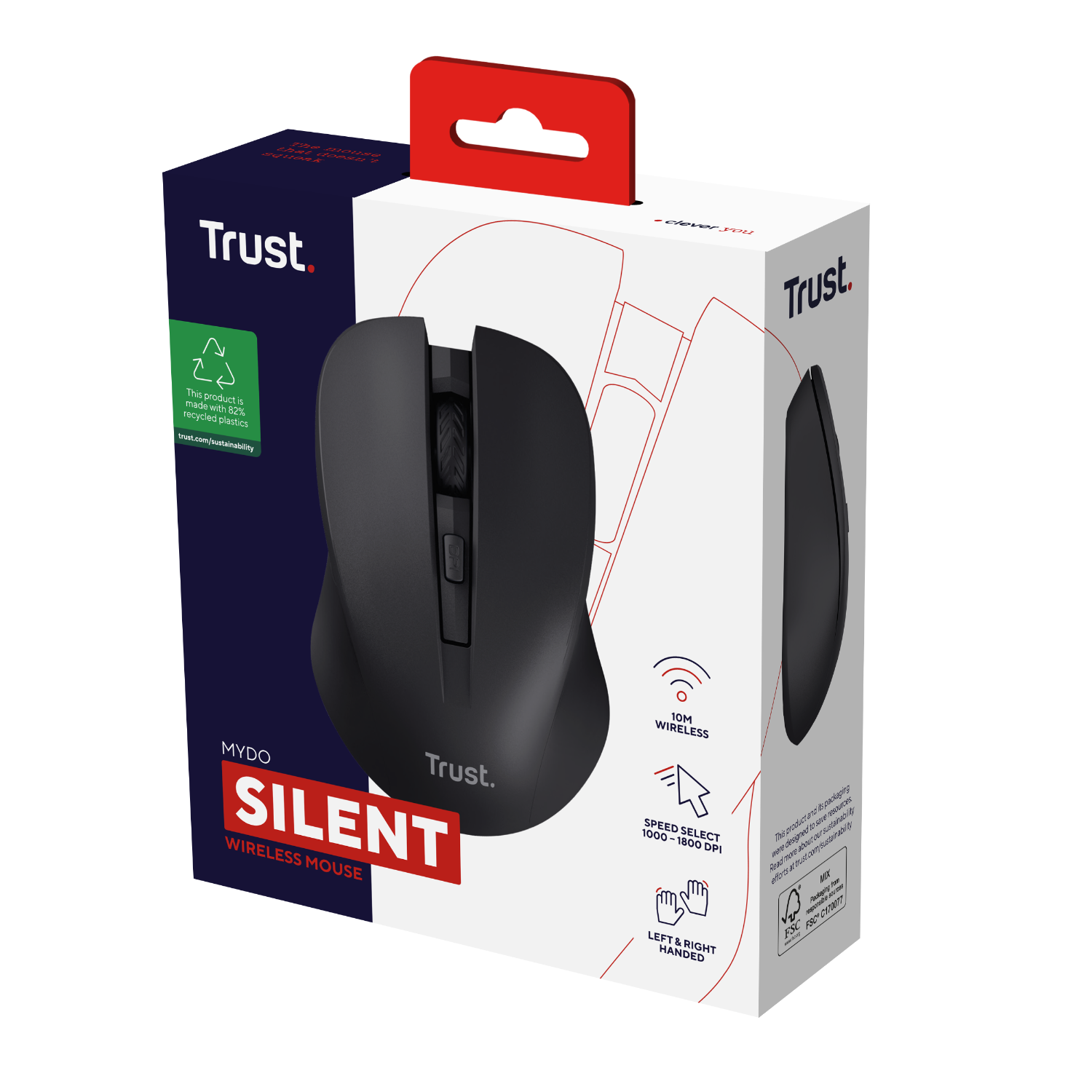 A black wireless mouse in a box, with the Trust logo and text.
