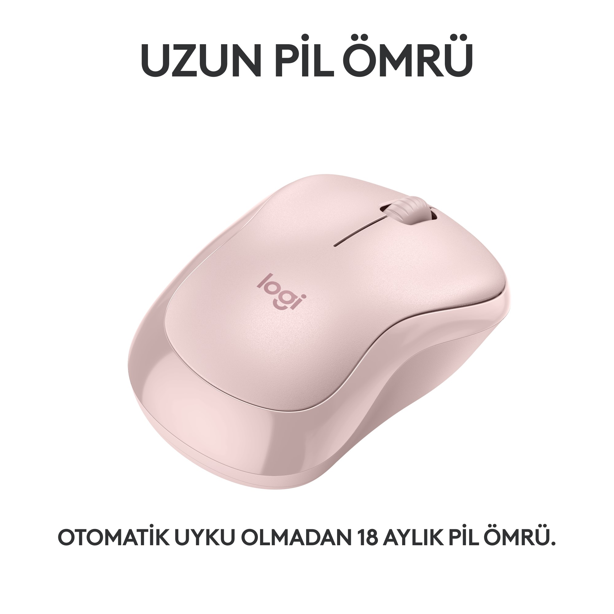 Beyaz bir arka plan üzerinde 'logi' logosu ve 'UZUN PIL ÖMRÜ' Türkçe metni bulunan pembe bir kablosuz fare.