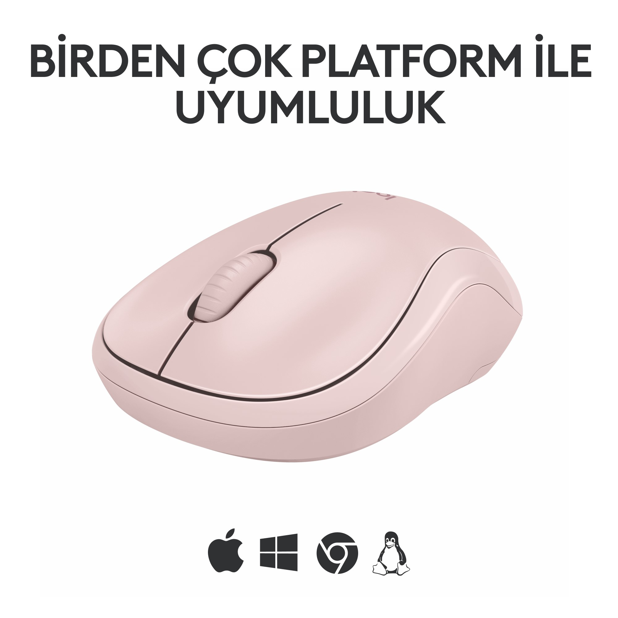 Kaydırma tekerleği olan pembe bilgisayar faresi. Apple, Windows, Chrome ve Linux simgeleri.