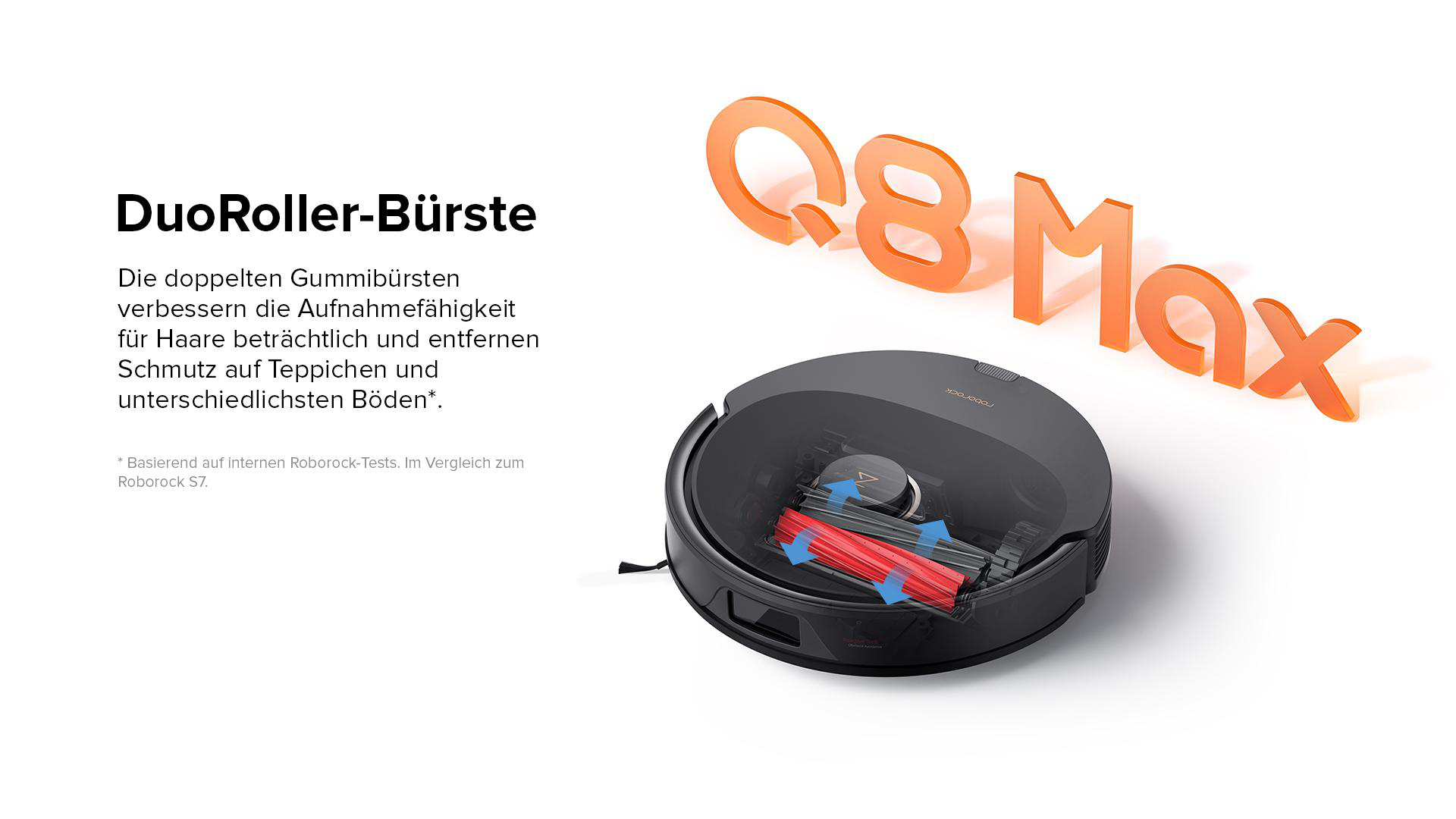 Roboter-Staubsauger mit DuoRoller-Bürste, weißer Hintergrund und orangefarbener Text 'Q8 Max'.