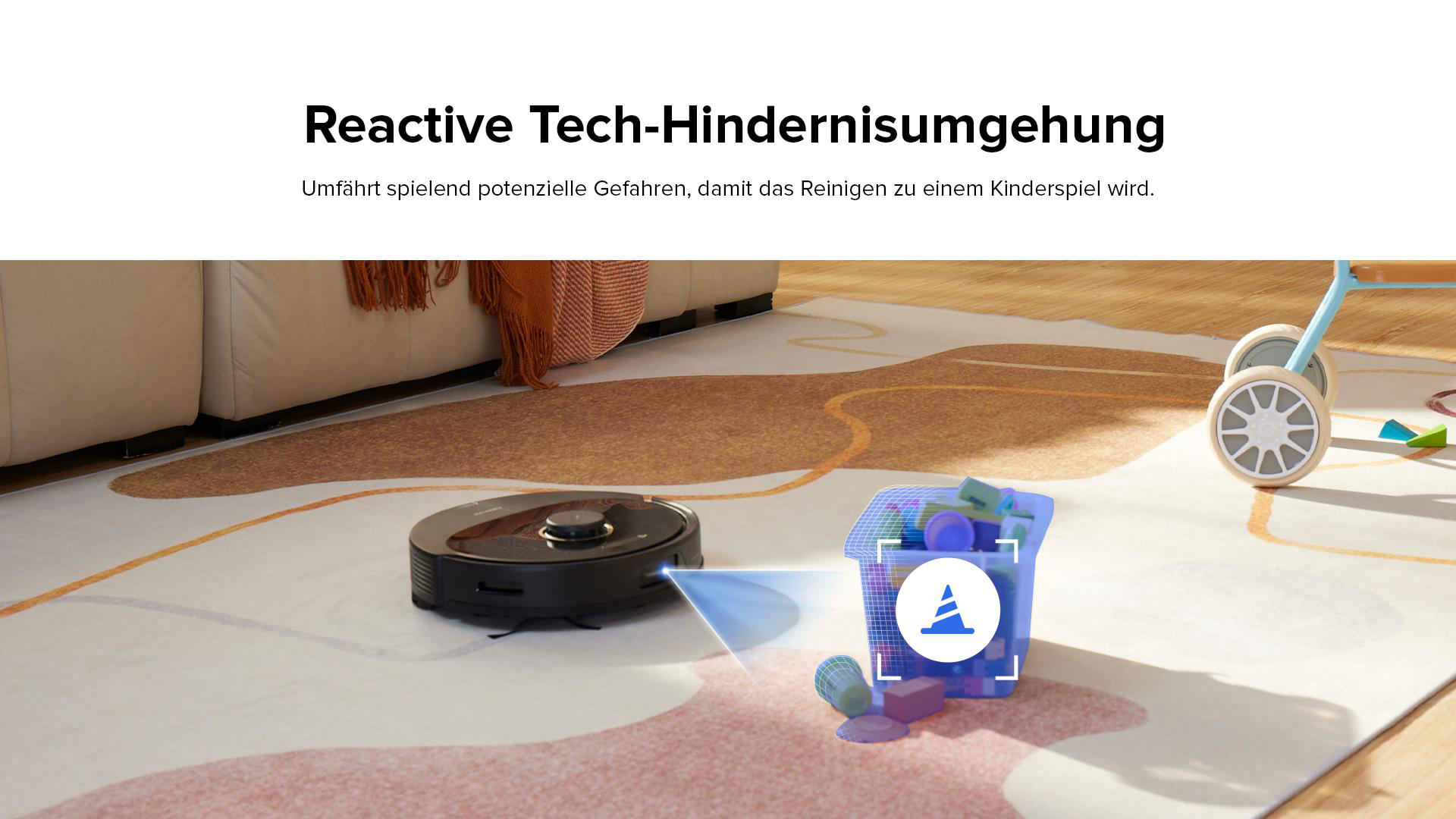 Roboter-Staubsauger, der einen Teppich mit Spielzeug reinigt, zeigt Hindernisvermeidung.