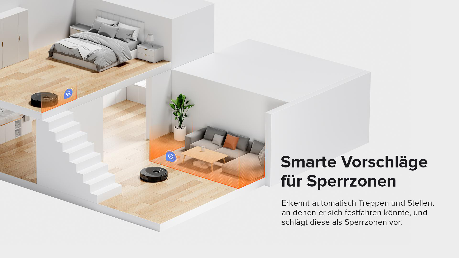 Ein Hausinnenraum mit zwei Roboterstaubsaugern und Text über intelligente Zonenvorschläge.