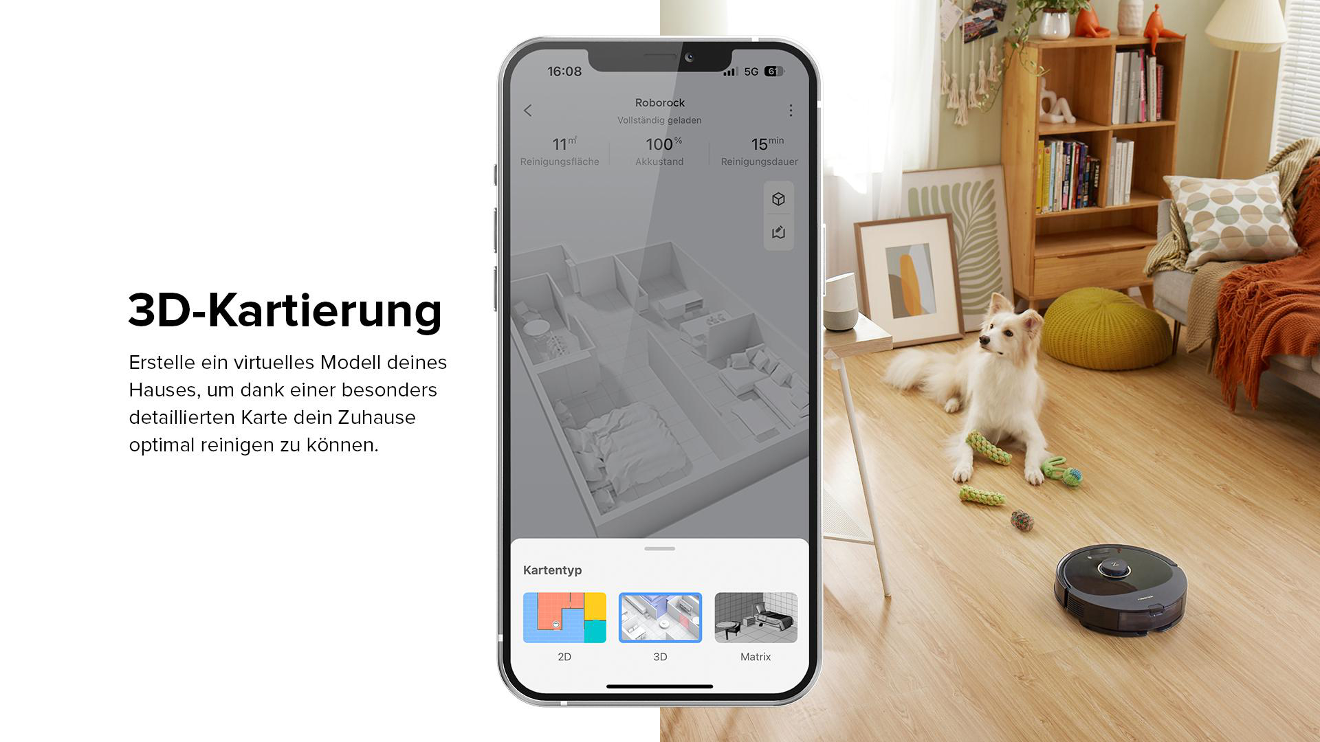Ein Smartphone zeigt eine 3D-Karte eines Hauses, und ein Roboterstaubsauger ist auf dem Boden.