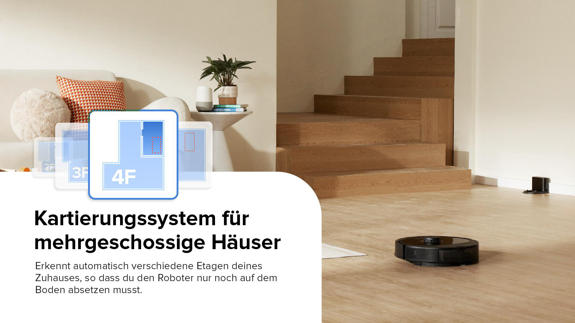 Roboter-Staubsauger auf Holzboden mit Diagramm eines mehrstöckigen Hauses.