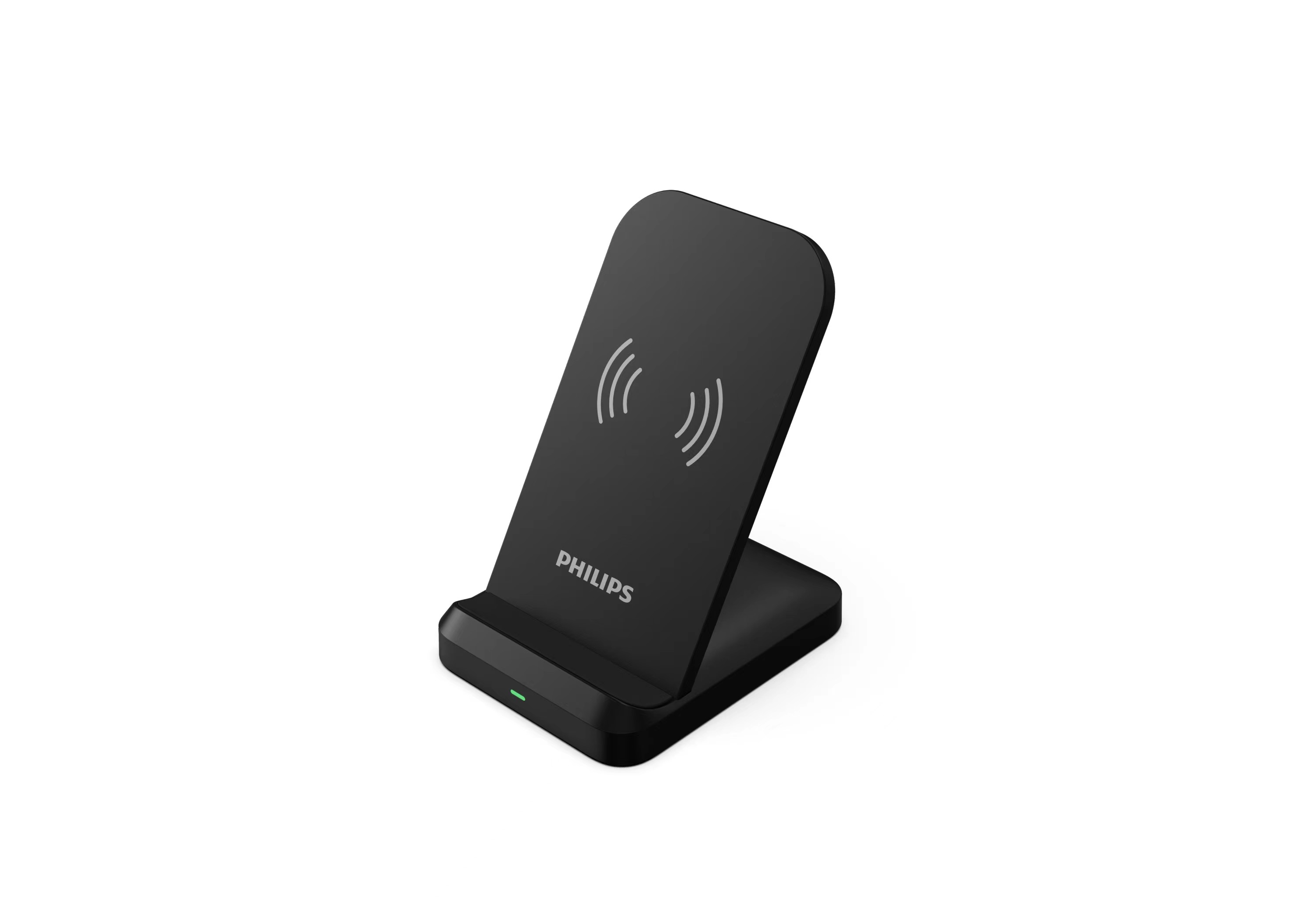 Philips logosu bulunan siyah kablosuz şarj standı. Beyaz bir yüzey üzerinde duruyor.