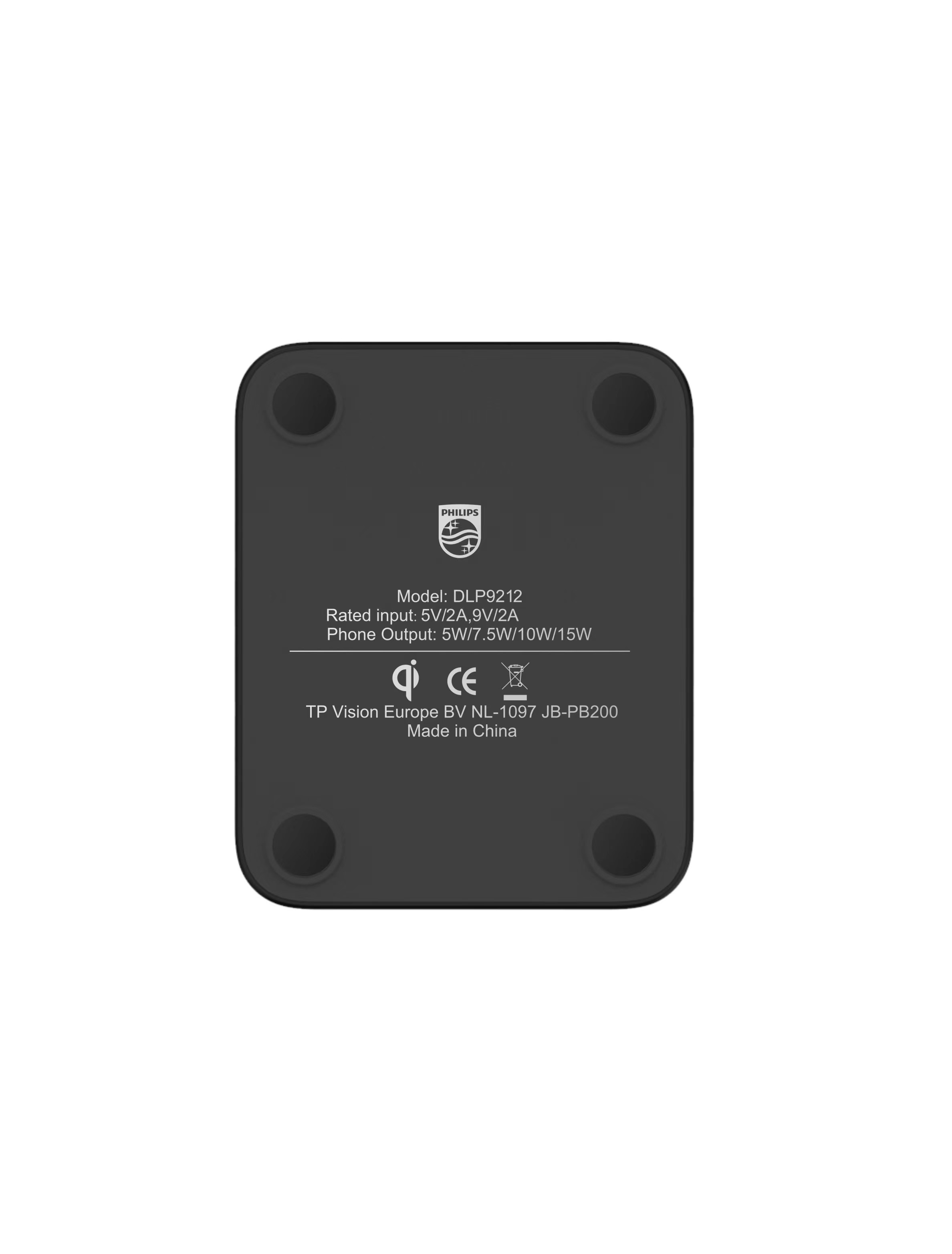 Philips logosu ve teknik bilgiler içeren kare bir kablosuz şarj pedi.