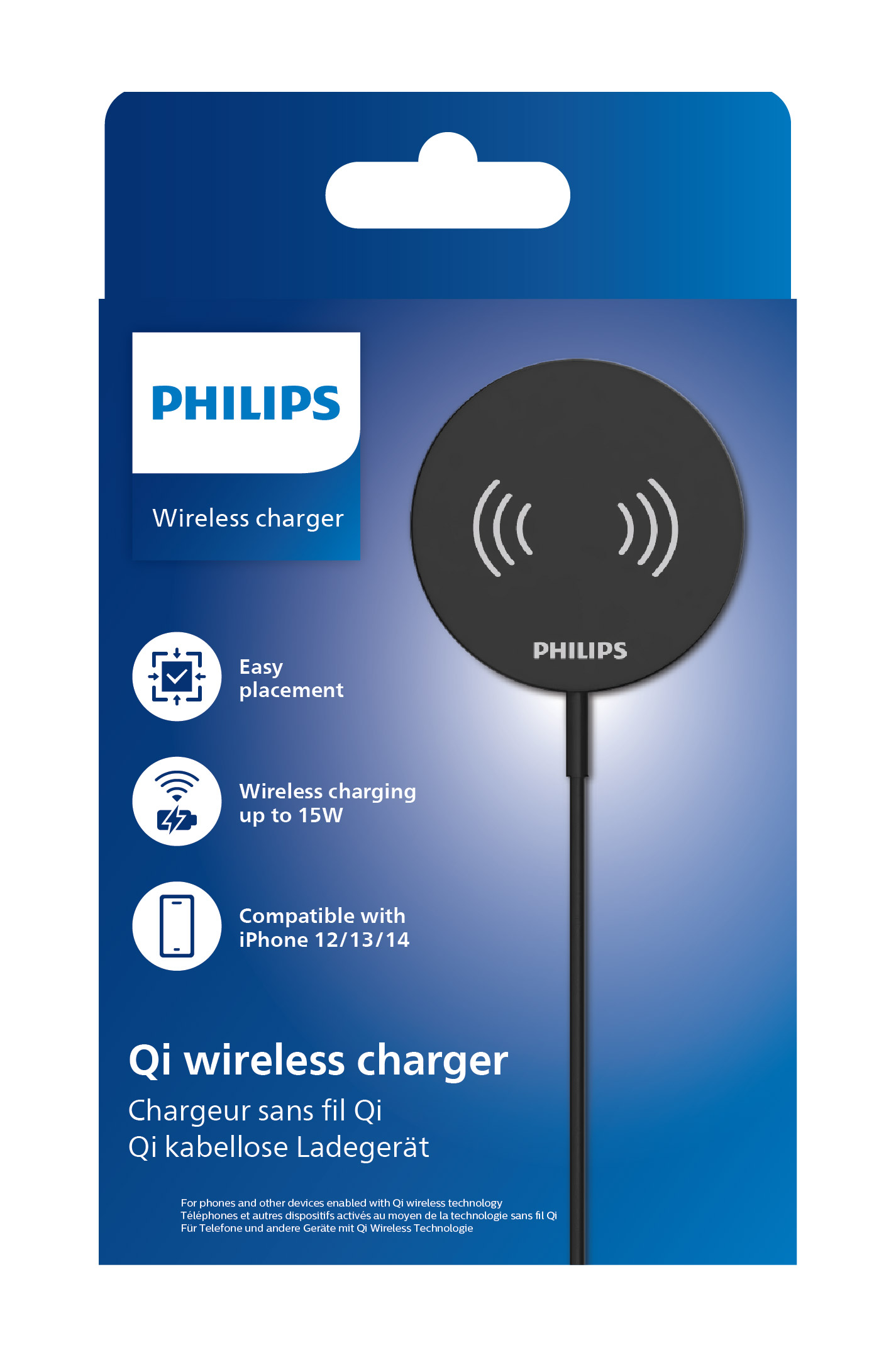 Philips kablosuz şarj cihazı kutusu, beyaz arka plan üzerinde siyah şarj cihazı, metin ve simgeler.