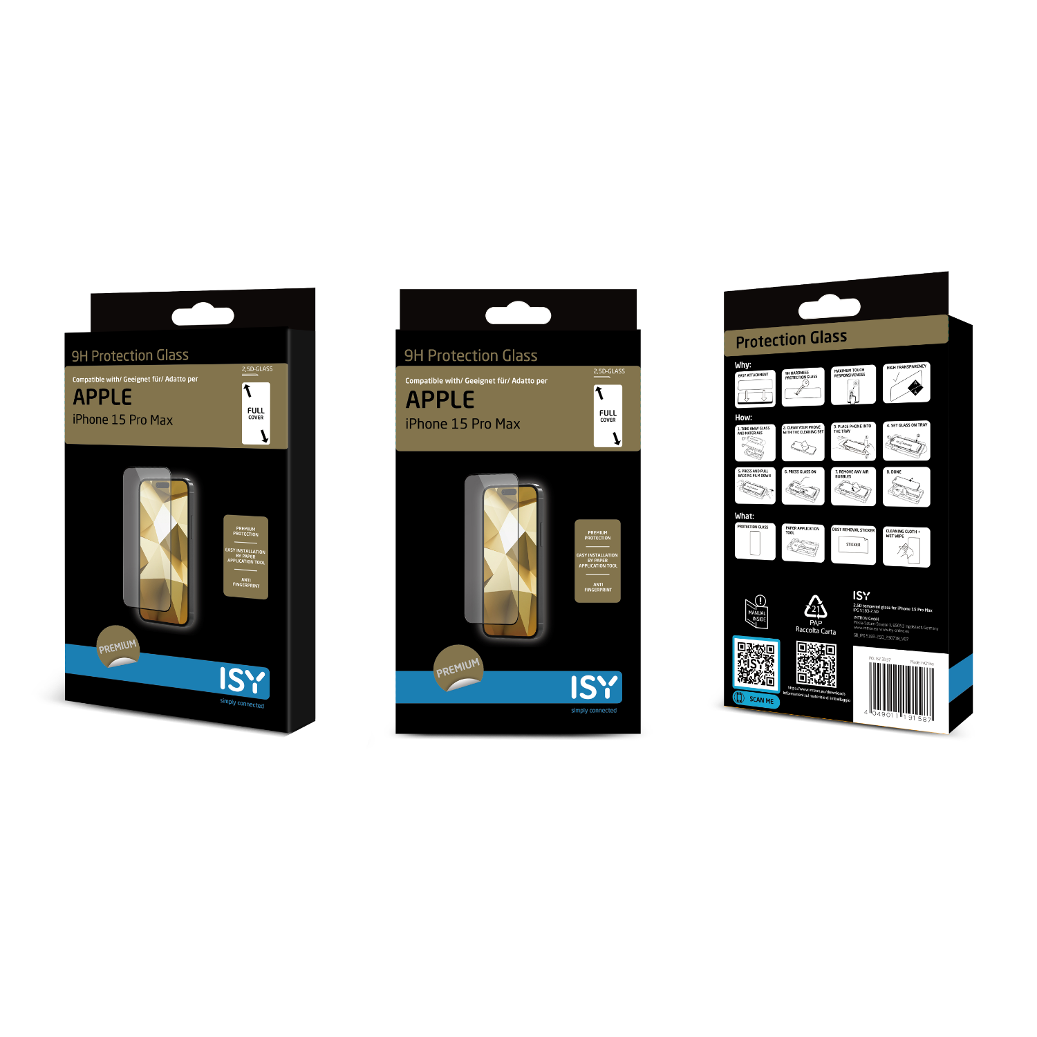 Drie dozen telefoon screenprotectors, met het product en de instructies, op een witte achtergrond.