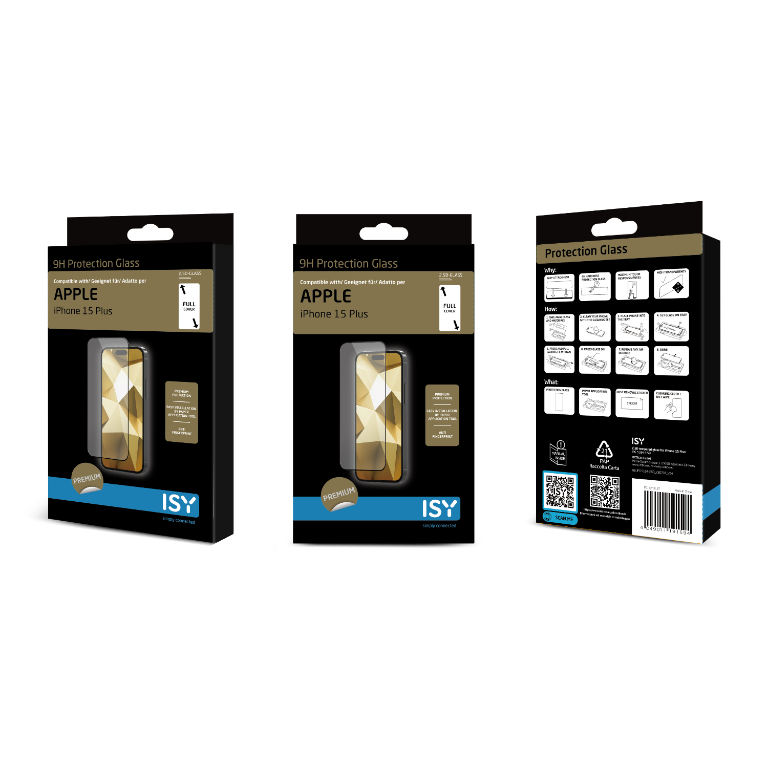 Drie dozen met telefoon-schermbeschermers. Elke doos toont een telefoon en productdetails.