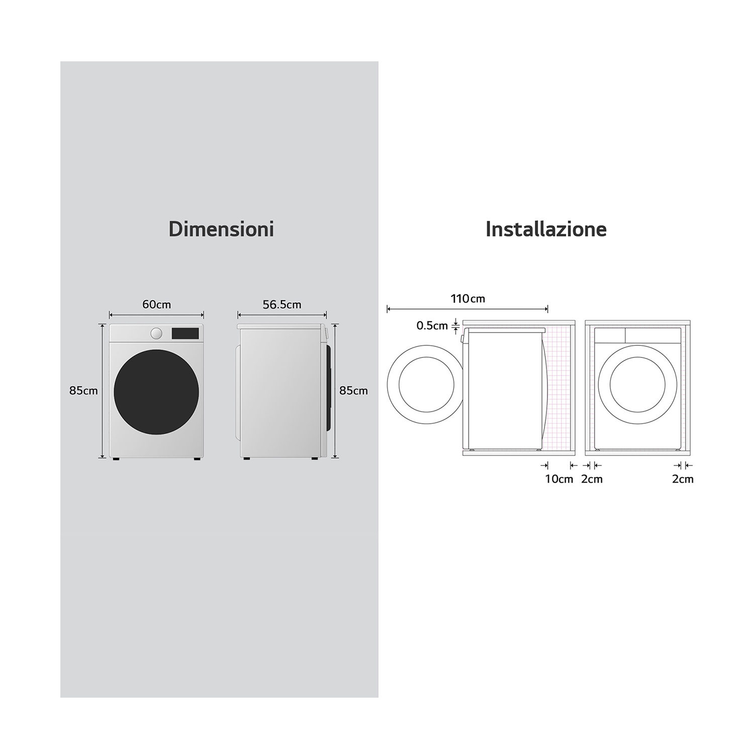 Schema di una lavatrice, con dimensioni e istruzioni di installazione.