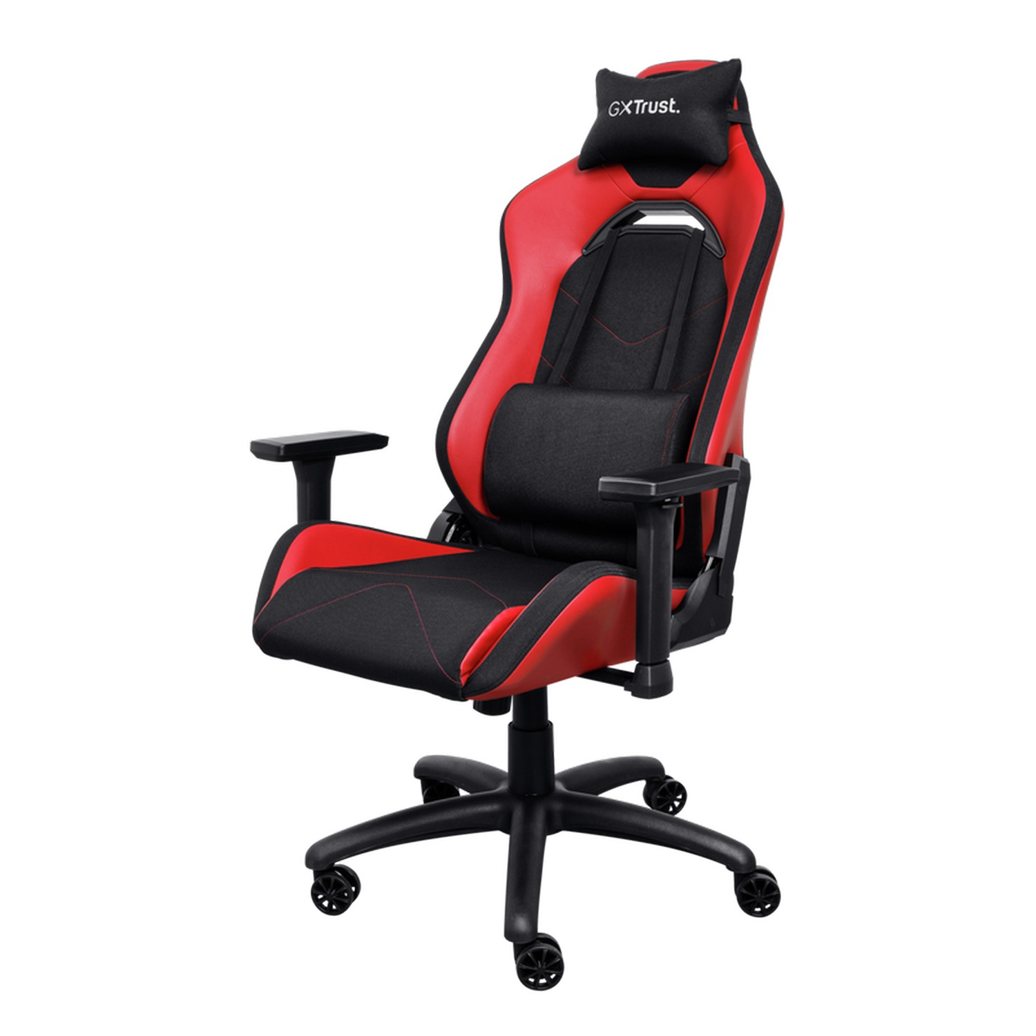Rode en zwarte gamingstoel met een hoofdsteun en zwarte armleuningen.