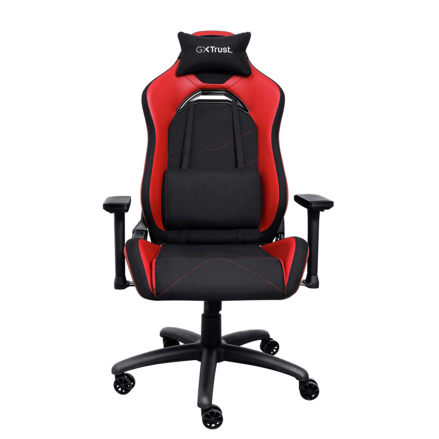Een gamestoel, zwart en rood met een hoofdsteun. Witte achtergrond.